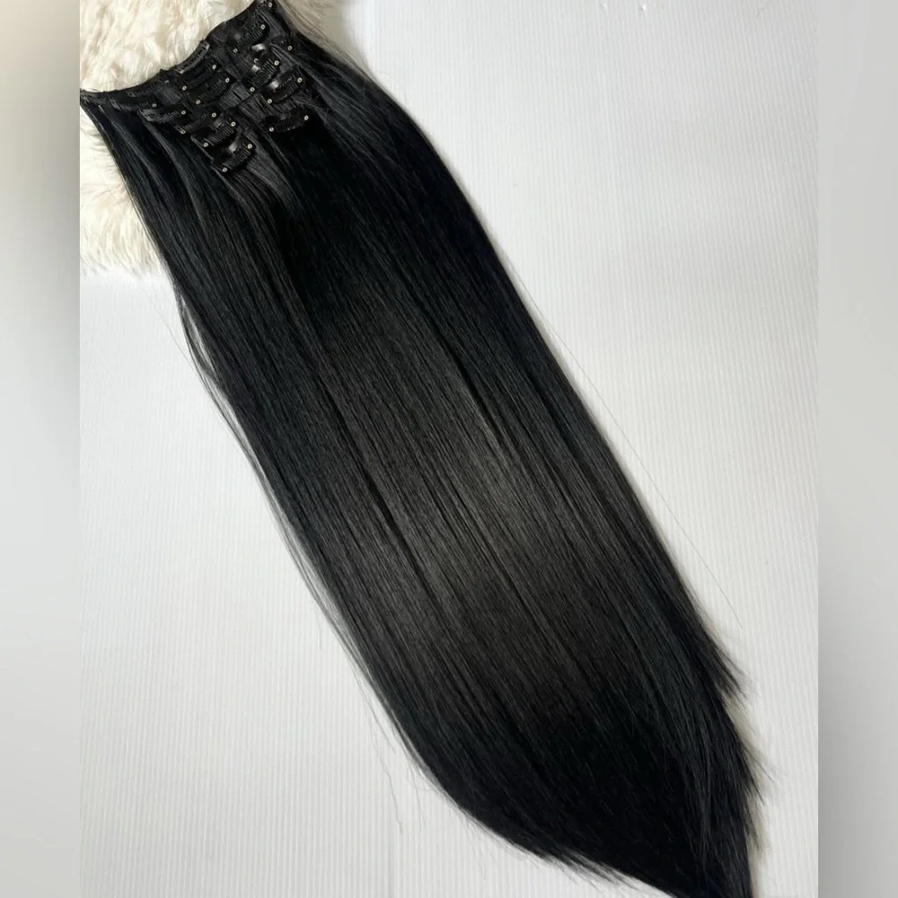 Human hair blend 24 Inch Clip in Long Black Thick straight Hair Extensions